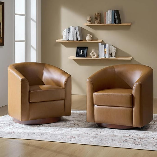 HULALA HOME Faux Leather Swivel Accent Chairs Set of 2 with Solid Wood Base, Round Swivel Barrel Chairs for Living Room and Bedroom, Camel