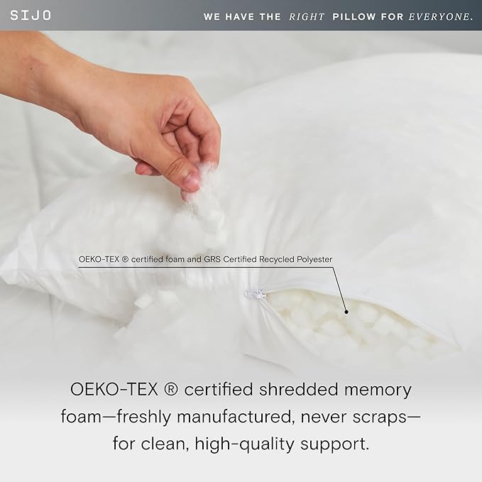 Sijo FlexCool Shredded Memory Foam Pillow - Adjustable Bed Pillow with Cooling Surface - Good Housekeeping 2025 Bedding Award Winner - Medium Firm Perfect for Back, Side, Stomach Sleepers (King)