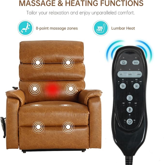 Lay Flat Lift Chair with Heat and Massage, Dual Motor Recliner with Infinite Position, Up to 350 LBS Electric Power Lift, Yellow Brown Leather Recliner