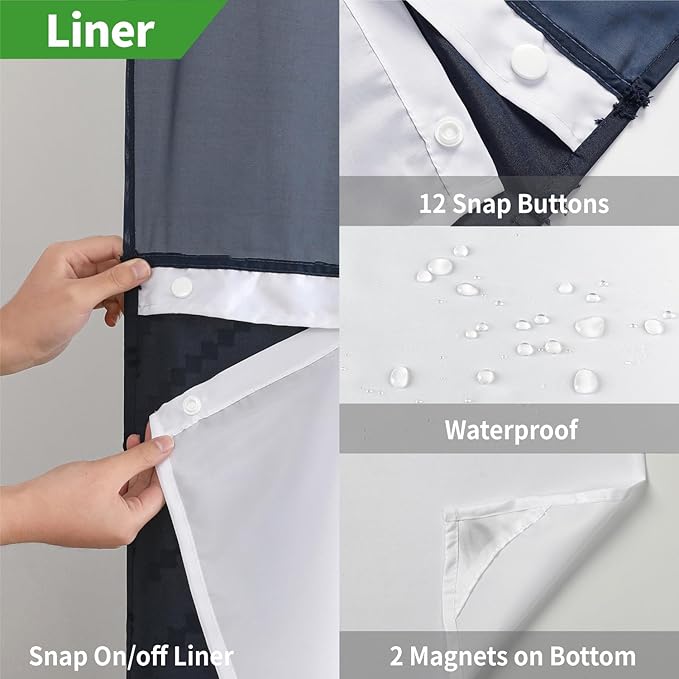 Long No Hook Tufted Chevron Striped Shower Curtain with Snap-in Fabric Liner set-71Wx80H(78H),Navy Blue Hotel Grade Boho Style Shower Curtain with See Through Top Window,Water Repellent