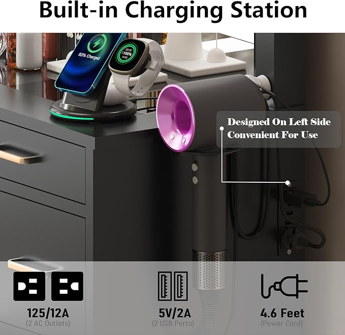 Likein Vanity Desk with Mirror and Lights & Power Strip, Glasstop Vanity Makeup Desk Set with 9 Drawers for Women Girls, Lights Adjustable Large Hollywood Mirror Dressing Table with Chair for Bedroom