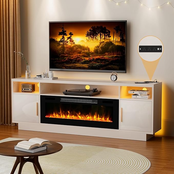 70'' TV Stand with Fireplace and Power Outlet-LED White Entertainment Center for 75+ inch TV- 27'' High TV Cabinet with Storage, High Glossy Door, Modern TV Console for Living Room