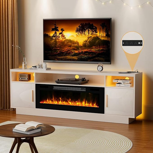 70'' TV Stand with Fireplace and Power Outlet-LED White Entertainment Center for 75+ inch TV- 27'' High TV Cabinet with Storage, High Glossy Door, Modern TV Console for Living Room