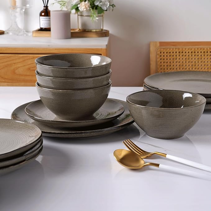 Famiware Tempus Plates and Bowls Sets for 6, 18 Pieces Stoneware Dinnerware Sets, Reactive Glaze Dishes Set, Dishwasher & Microwave Safe - Dark Olive
