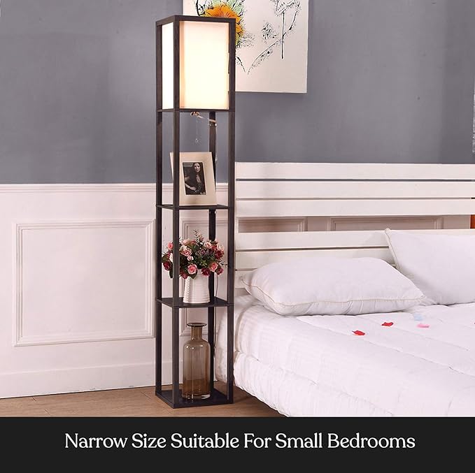 Brightech Maxwell - Modern Shelf Floor Lamp with Shade and LED Bulb Corner Display Lamps Shelves for Living Room, Bedroom Office Black