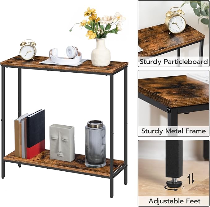 HOOBRO 29.5"L Narrow Console Table, 8.7"D Couch Table Behind Sofa, Small Entryway Table with 2-Tier Storage Display Shelves, for Hallway, Foyer, Living Room, Bedroom, Rustic Brown and Black BF22XG01