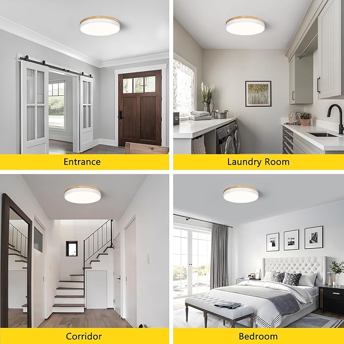 Modern Wood Ceiling Light, White LED Close to Ceiling Lighting Fixtures, Round Flush Mount Ceiling Lamp for Kitchen Bedroom Bathroom Laundry Room Nursery Room Hallway（15.74 Inch）