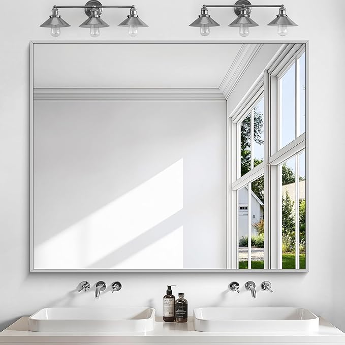 KOCUUY Silver Bathroom Mirror, 40"x48" Large Rectangular Mirror with Metal Frame, Brushed Nickel Vanity Mirror with Modern Design for Bathroom, Living Room, Entryway, Hang Horizontal/Vertical