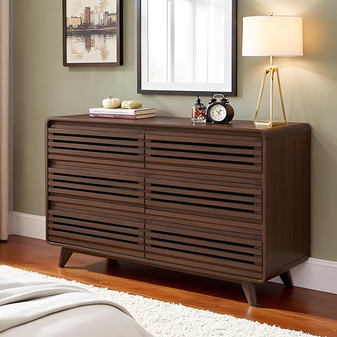 Fluted Dresser for Bedroom, Wide 6 Drawers Dresser, Chests of Drawers with Grille & Curved Design, Dressers Slides Pre-Installed, Large Wood Drawer Organizer for Bedroom Hallway, Dark Walnut