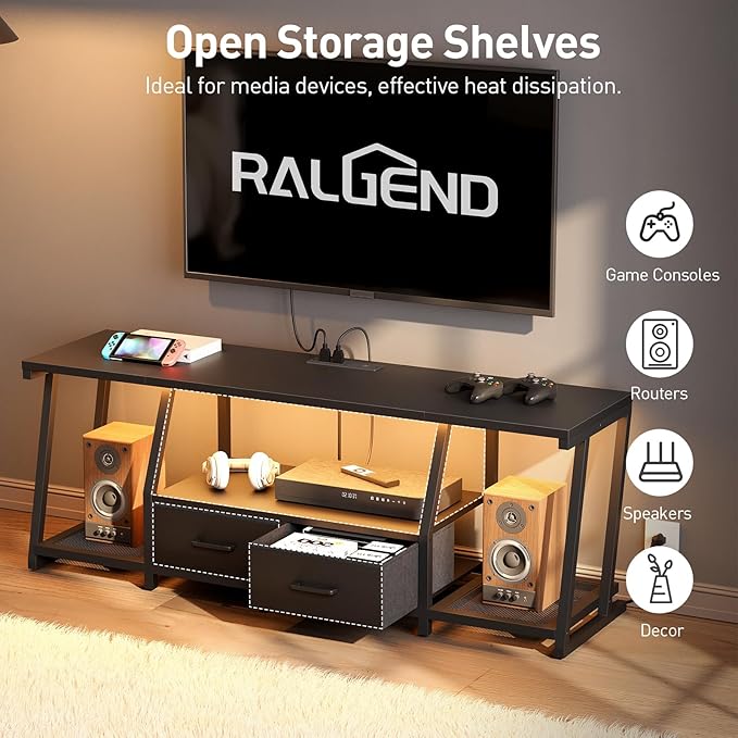 LED TV Stand with Fabric Drawers for 65 Inch TV, Entertainment Center with Power Outlets and Open Storage Shelves, Industrial Media TV Console Table for Living Room, Bedroom, Black