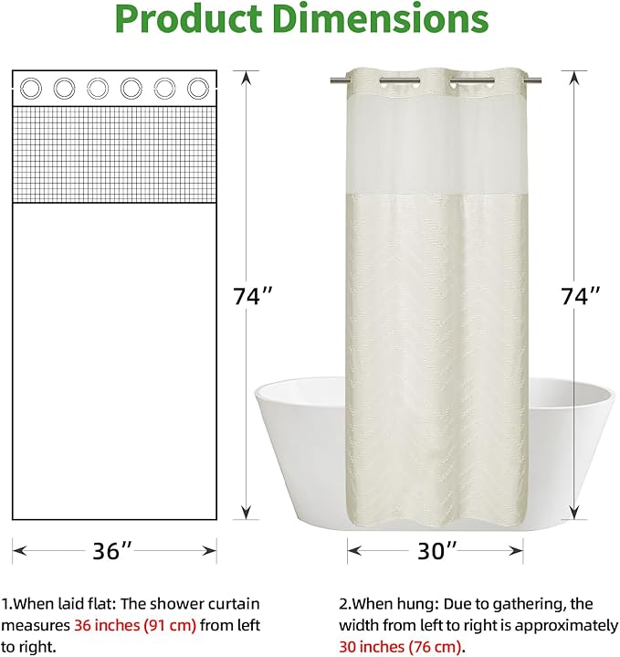 No Hook Boho Farmhouse Shower Curtain with Snap-in Fabric Liner set-36Wx74H(72H),Cream Tufted Chevron Striped Hotel Grade Cloth Shower Curtains for Bathroom with Window,Water Repellent