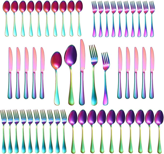 50 Pcs Rainbow Silverware Set for 10, Food Grade Stainless Steel Flatware Set, Eating Utensils Sets Include Fork/Knife/Spoon,Home Kitchen Tableware Set, Reusable Cutlery Set, Dishwasher Safe