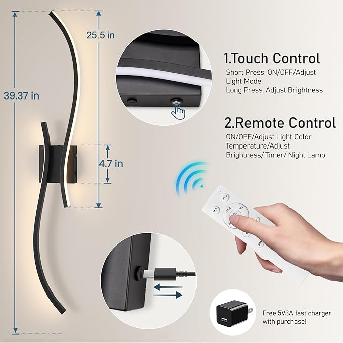 Battery Operated Wall Sconce Set of 2, 18000mAh Black Rechargeable Wall Lights with Remote Control,3000K-6000K Dimmable LED Wireless Wall Light for Living Room Bedroom Hallway,39.3 Inch (Black)