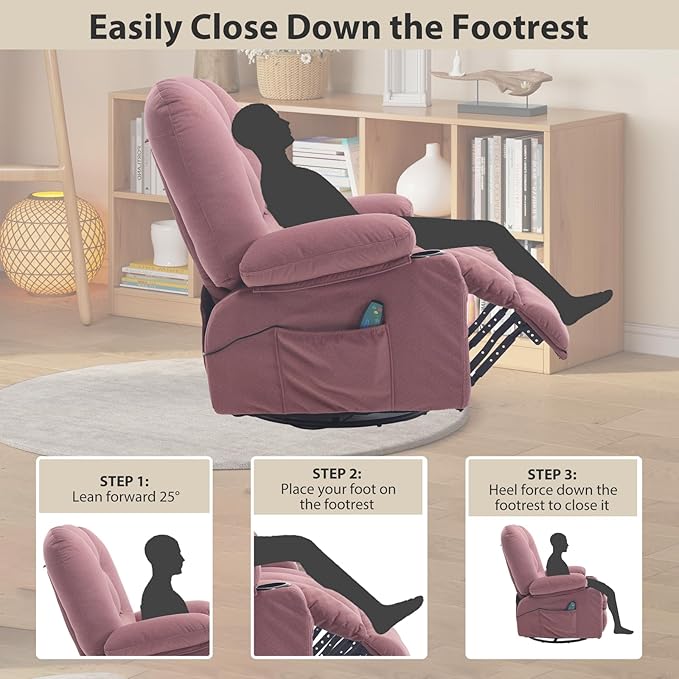 Recliner Chairs for Adults, Pink Rocker Recliners with Massage and Heat, Overstuffed Fabric Swivel Glider with Cup Holder Side Pocket, Manual Reclining Single Sofa Chair for Living Room