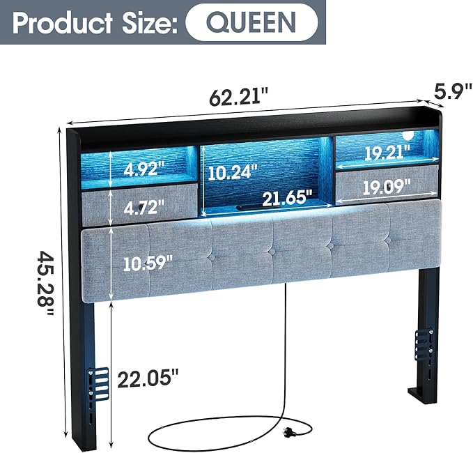 Maupvit Headboard Queen Size with Storage, Queen Headboard Only with 2 Drawers, Charging Station and LED Lights, Upholstered Headboards Easy Assembly, Black&Grey