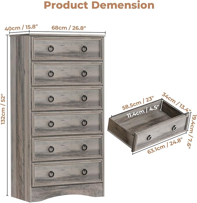 6 Drawer Dresser Tall, 52" Tall Grey Dresser for Bedroom, Chest of Drawers, Large Storage Organizer for Clothes, Grey Vintage, for Living Room, Bedroom, Hallway