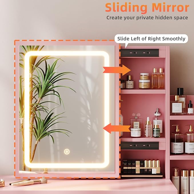 Vanity Desk with Mirror and Lights, Makeup Vanity with 3 Adjustable Lighting Modes, Small Vanity Desk with Sliding Mirror, 4 Drawers, 7 Shelves, Vanity Chair for Bedroom, Pink