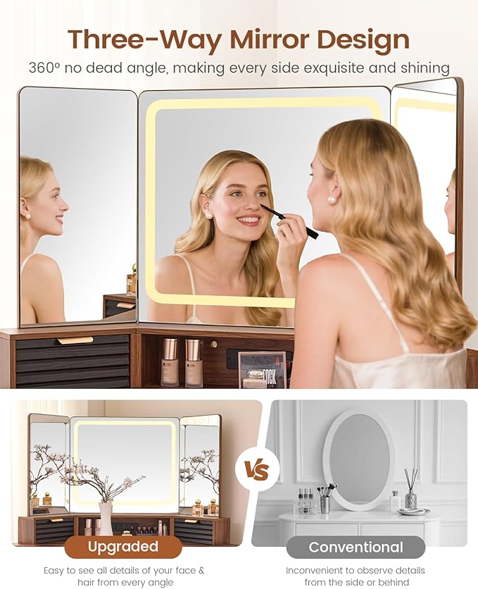 AOGLLATI Large Fluted Corner Vanity Desk with HD Triple Mirror and Lights, Makeup Vanity Desk with 3 Drawers & 3 Cabinets, Modern Dressing Table with Charging Station for Bedroom, Black