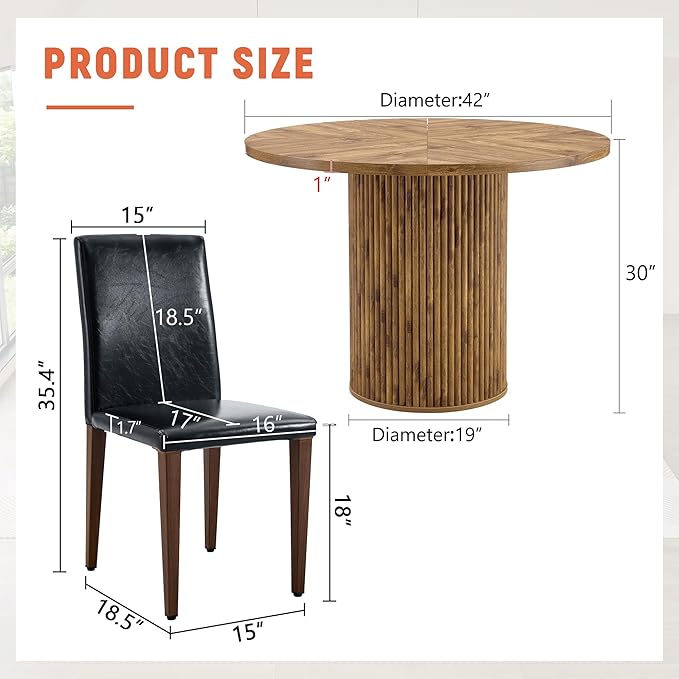 AZmac Round Dining Table Set for 6, Wooden Round Table 7-Piece with Modern Farmhouse Dining Table and 6 PU Leather Chairs for Kitchen Dining Room, Wooden Table + 6 Black High Back Chairs