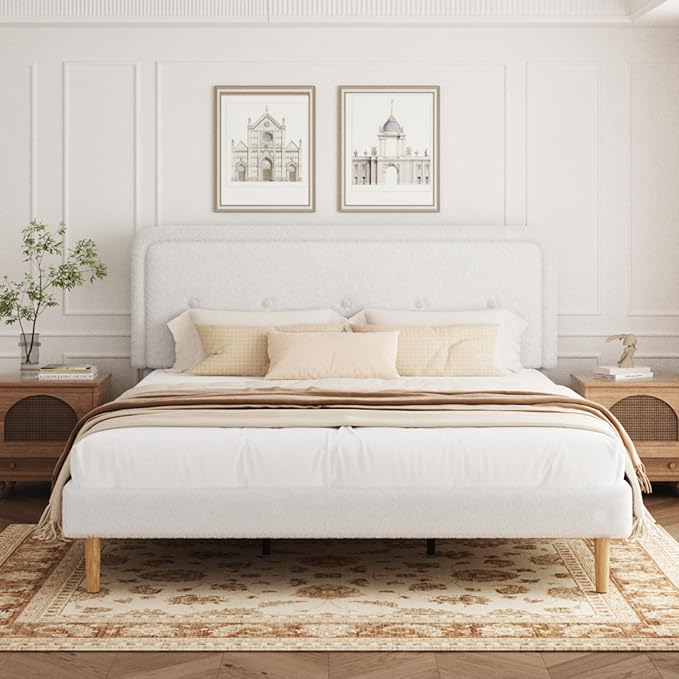 King Size Boucle Platform Bed Frame, Anti-Collision Soft Rounded Corners, Adjustable Headboard, No Box Spring Needed, Easy Assembly, Noise Free, White