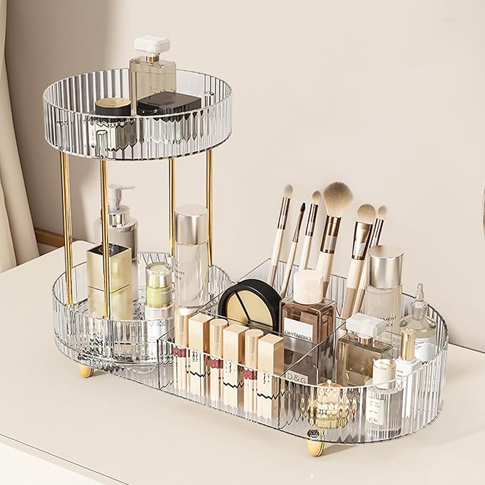 DASITON 360° Rotating Makeup Organizer for Vanity, 2 Tier Perfume Cosmetic Skincare Organizers with Makeup Brush Holder, Large Capacity Cosmetic Display Case for Bedroom Bathroom Countertop (Clear)