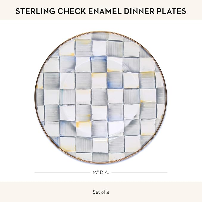 MACKENZIE-CHILDS Enamel Dinner Plate, Decorative Dinnerware Plate, 10 Inches, Set of 4, Gray-and-White Sterling Check