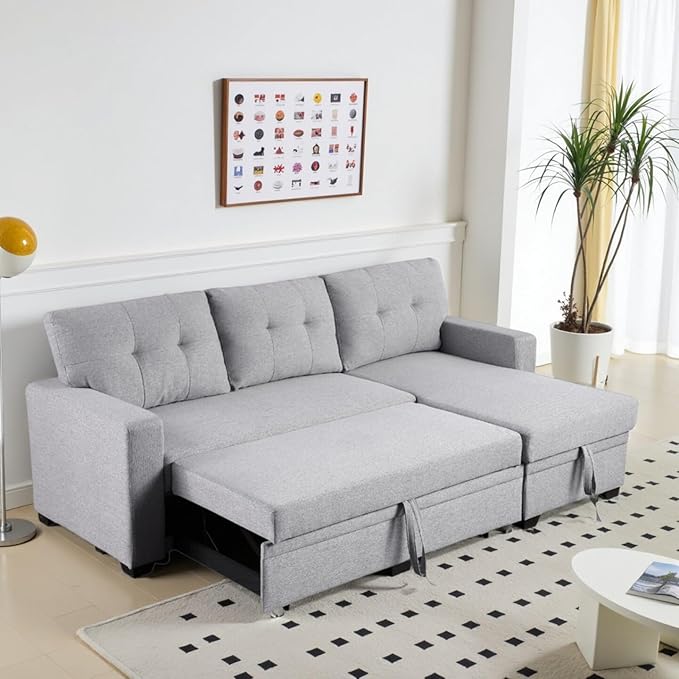 L-Shape Sofa Bed, 82" Sectional Couch with Storage Chaise, Pull Out Sleeper Sofa with Removable Back Cushions, Convertible Corner Couch for Living Room Apartment, Gray