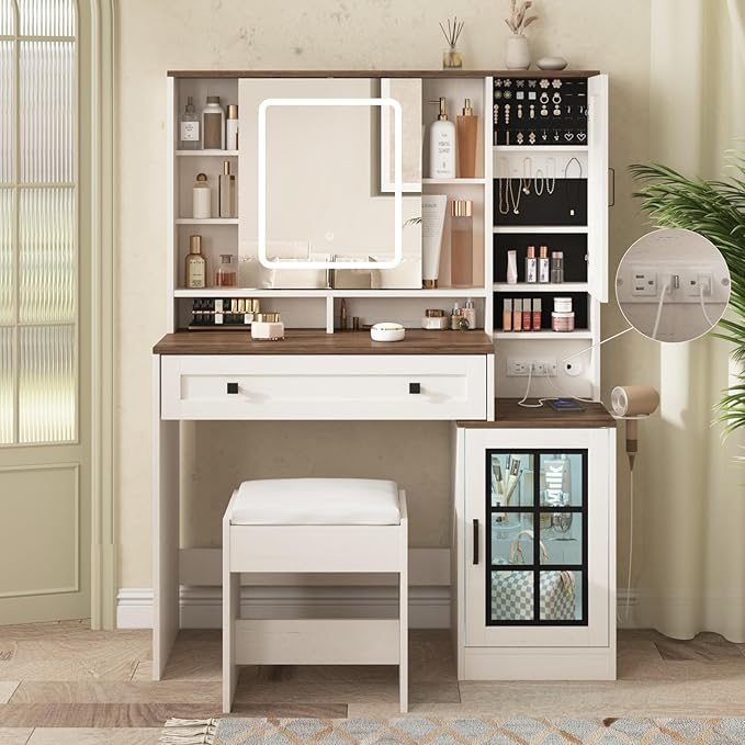Vabches Makeup Vanity Desk with Sliding Mirror, 41.8'' White Farmhouse Vanity Table with Stool, Jewelry Cabinet & Charging Station, Large Drawer, Visual Cabinet, 3 Lighting Modes, Adjustable Shelves