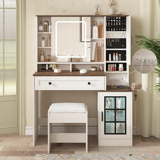 Vabches Makeup Vanity Desk with Sliding Mirror, 41.8'' White Farmhouse Vanity Table with Stool, Jewelry Cabinet & Charging Station, Large Drawer, Visual Cabinet, 3 Lighting Modes, Adjustable Shelves