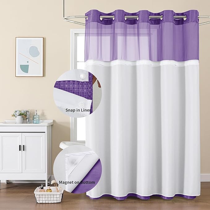 Colorful Star No Hook Shower Curtain with Snap in Fabric Liner, Waffle Weave Heavy Duty Thick Shower Curtains with Mesh Top Window, Hotel Style Waterproof Bathroom Curtain Set, 72 x 75 Inch, Purple