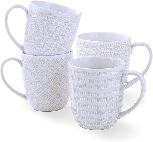 Embossment Coffee Mugs Set of 4, 12 oz Ceramic Coffee Cups Set, White Tea Cups with Large Handle for Latte, Cappuccino, Mocha, Cocoa, Microwave & Dishwasher Safe