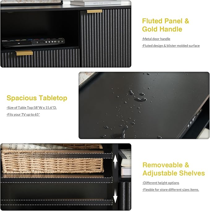 Okvnbjk Black TV Stand for 65 Inch TV, TV Consoles for Living Room, TV Stand for Bedroom w/Drawer and Storage, Wood Fluted Panel Media Console, Entertainment Center w/Soft Hinge & Cable Management