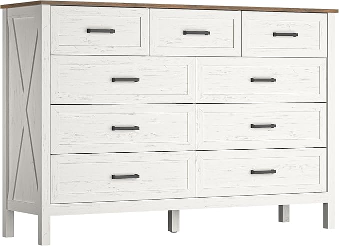 Farmhouse 9 Drawers Dresser for Bedroom, 37 Inch Tall Wood Rustic Wide Chest with Natural Texture, Large Dressers for Bedroom, Hallway, Entryway, Antique White