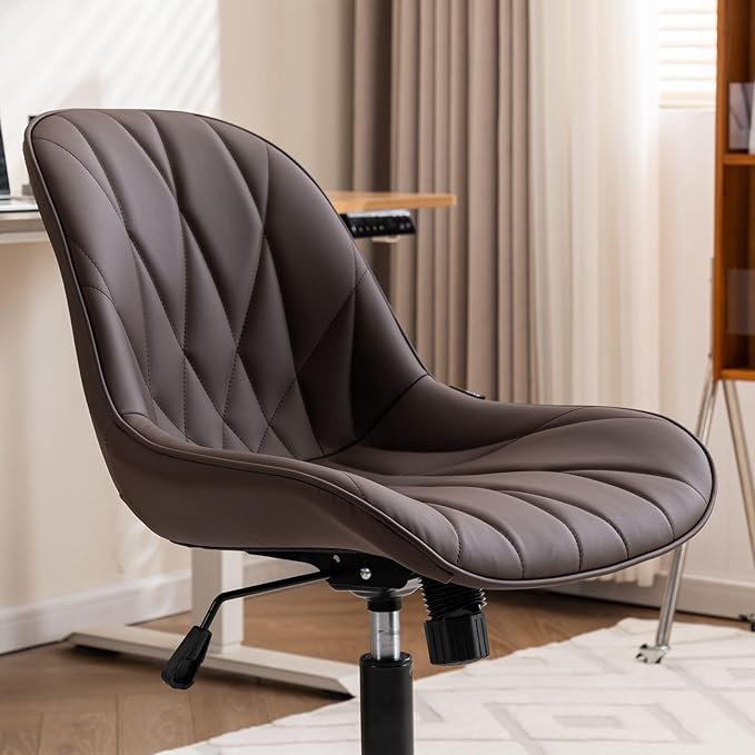 Rowill Modern Office Chair - Ergonomic Swivel Leather Desk Chair with Curved Backrest, Height Adjustable Rolling with Wheels, Perfect for Study Room & Office, Brown