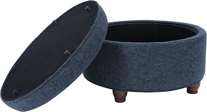 Homepop Home Decor | Large Button Tufted Woven Round Storage Ottoman for Living Room & Bedroom (Navy Woven) 25 inch D x 25 inch W x 15 inch H