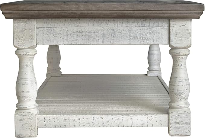 Signature Design by Ashley Havalance Farmhouse Lift Top Coffee Table with Fixed Shelf and 2 Hidden Storage Trays, Gray & White with Weathered Finish
