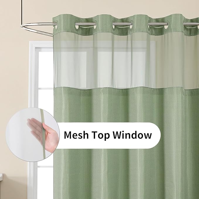 Colorful Star No Hook Shower Curtain with Snap in Fabric Liner, Waffle Weave Heavy Duty Thick Shower Curtains with Mesh Top Window, Hotel Style Waterproof Bathroom Curtain Set, 72'' x 87'', Sage Green