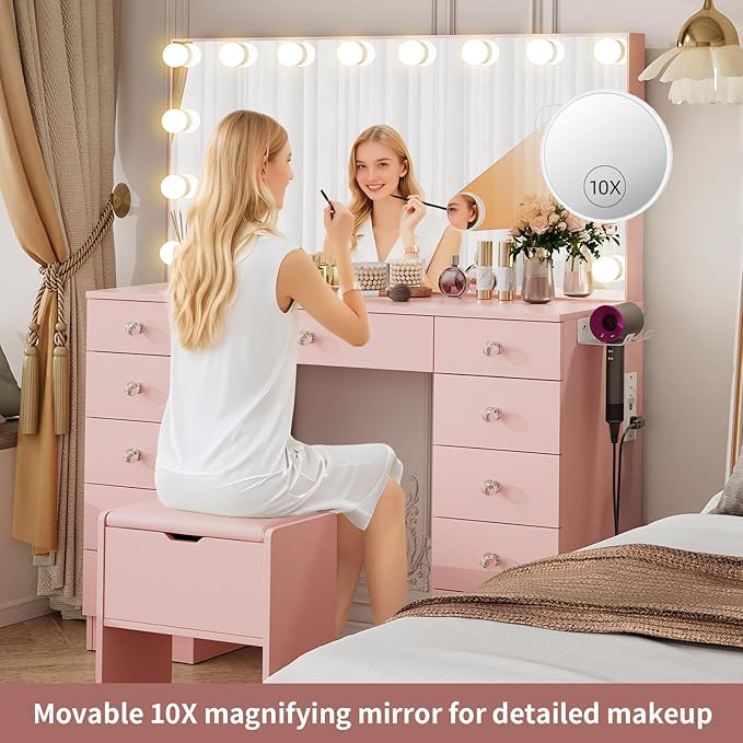 VOWNER Vanity with Lighted Mirror - Makeup Vanity Desk with Lights and 11 Drawers, 3 Color Lighting Modes Adjustable Brightness, 46" Makeup Desk with Soft Cushioned Stool for Bedroom, Pink