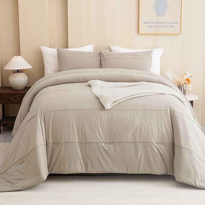 Sanracie Oversized King Comforter Set 120 * 120, Cotton Linen Feel Textured Comforter Set Pinch Pleat Neutral Oversized King Bedding Set 3pcs Aesthetic Solid Comforter Soft Lightweight
