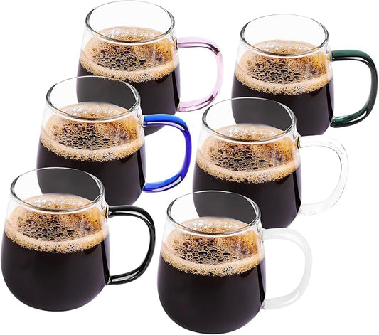 Set of 6 Borosilicate Glass Coffee Mugs with Different Color Handles (Black, White, Clear, Blue, Dark Green, Pink) – 450ml/16oz, Perfect for Coffee, Tea, and Beverages, Gift-Ready
