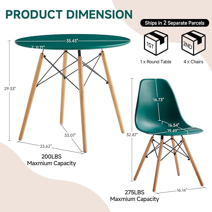Round Dining Table Set for 4 35.5" Wood Dinner Table Circle Dining Table Kitchen Table Chairs Set of 4 with Wood Strip Base for Kitchen Living Room Space Saving Apartment(Green)