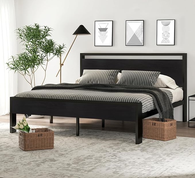 SHA CERLIN 14 Inch King Size Metal Platform Bed Frame with Wooden Headboard and Footboard, Mattress Foundation, No Box Spring Needed, Large Under Bed Storage, Black Oak