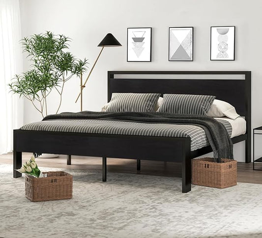 SHA CERLIN 14 Inch King Size Metal Platform Bed Frame with Wooden Headboard and Footboard, Mattress Foundation, No Box Spring Needed, Large Under Bed Storage, Black Oak