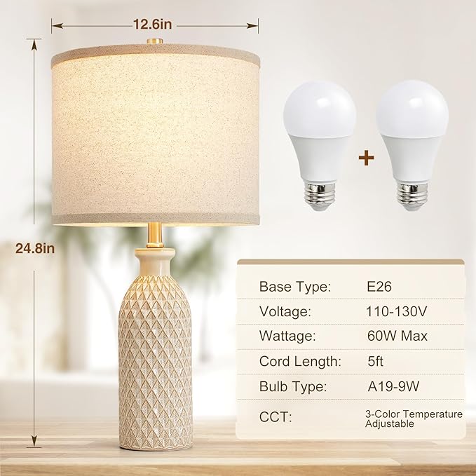 Luvkczc Ceramic Table Lamps Set of 2, Farmhouse 24.8" Bedside Lamps with 3-Color Temperature, Modern Nightstand Lamp Desk Reading Lamp for Bedroom, Living Room, Office, 2 Bulbs Included