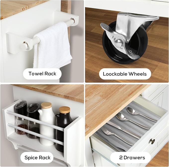 VOWNER 43" W Kitchen Island with Drop Leaf, Rolling Kitchen Island with Drawers, Floating Kitchen Cart with Spice Rack & Towel Rack, Portable Island Kitchen with Storage, Isla para Cocina (White)