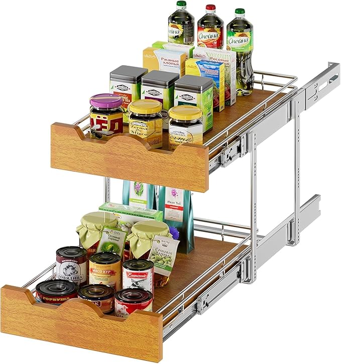 DINDON 2 Tier Pull Out Cabinet Organizer (14" W x 21" D) Slide Out Wood Shelf Double Tier Kitchen Wire Basket with Chrome Finish…
