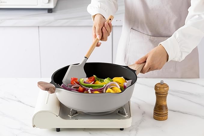 Country Kitchen Pots and Pans Set Nonstick, Cast Aluminum Kitchen Cookware Set with Utensils, 14 Pcs Non Stick Cooking Set w/Frying Pans & Saucepans, Grey