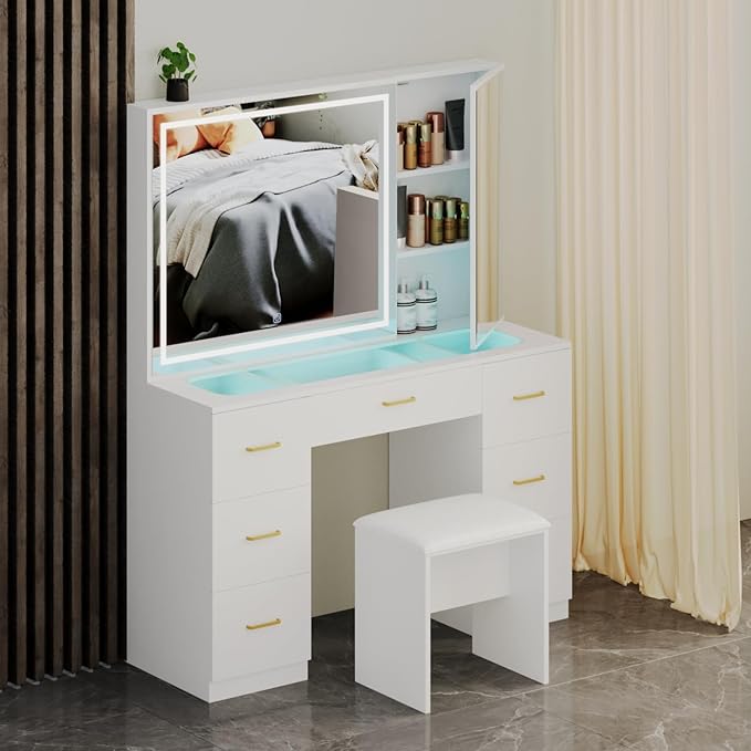 Vanity Desk with Mirror and Lights,Makeup Vanity Table with Glass Top and 7 Drawers&Cushioned Stool,Dressing Table with Drawers, Bedroom Makeup Desk for Women (White-Glass top)