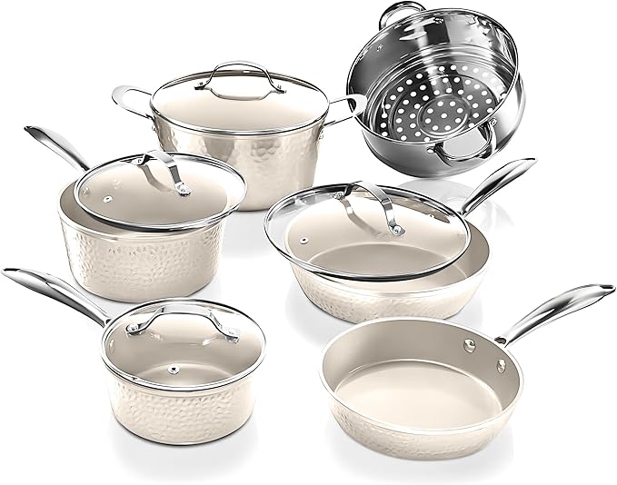 Gotham Steel Hammered 15 Pc Ceramic Cookware Set Nonstick, Deep Pots and Pans Set Non Stick with Induction Cookware, Cooking Utensils & Steamer, Non Toxic PFOA PFOS Free, Oven & Dishwasher Safe