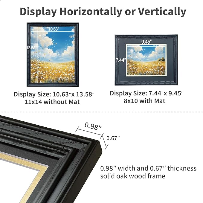 11x14 Picture Frame for Wall Hanging Solid Oak Wood, 8x10 Picture Frame with Mat,11x14 Premium Photo Frame with Real HD Tempered Glass,Ideal for Home Decor, Art Gallery,Black, 1 Pack